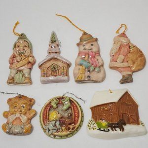 Vintage Hand Painted Ceramic Flat Christmas Ornaments set of 7 holiday 1970s